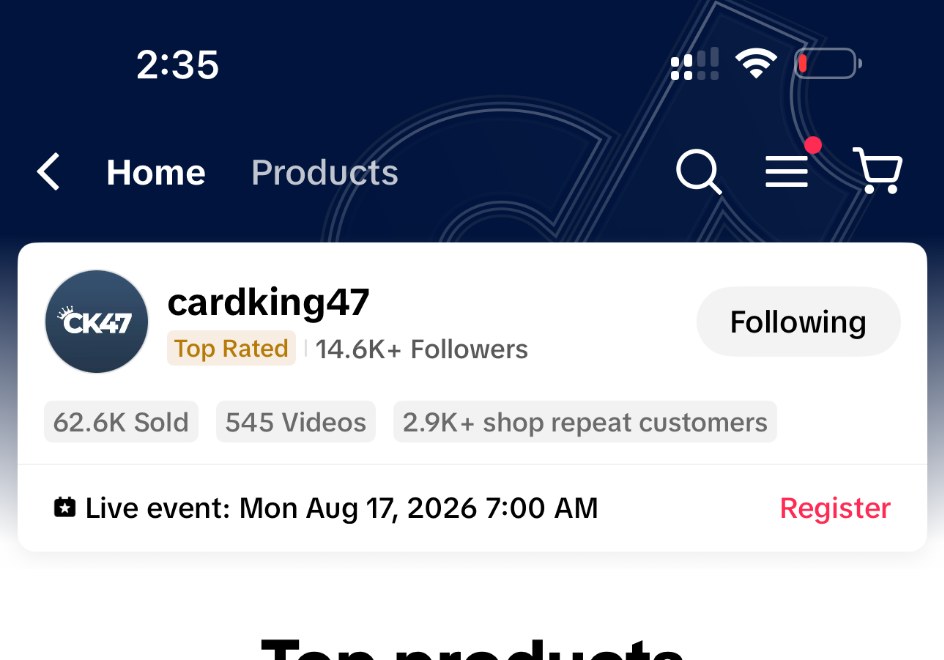 Cardking47 TikTok Shop account stats crop