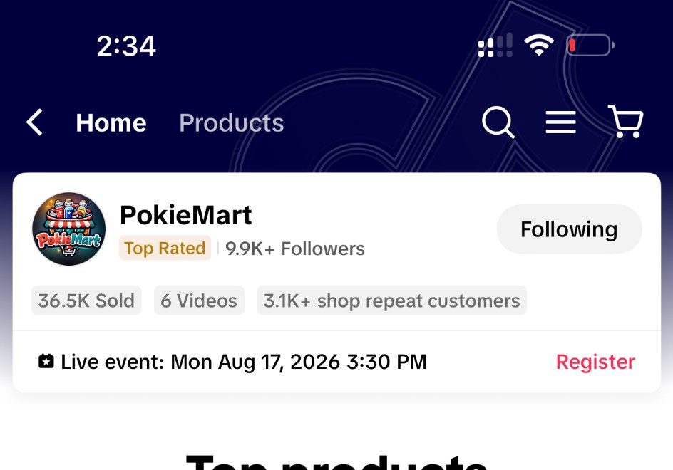 PokieMart TikTok Shop account stats crop