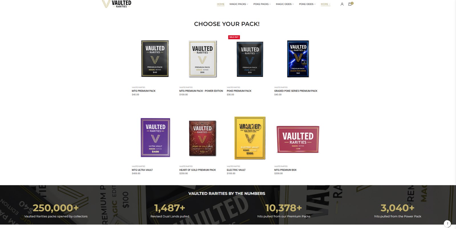 Vaulted Rarities Shopify product grid and by-the-numbers storefront section