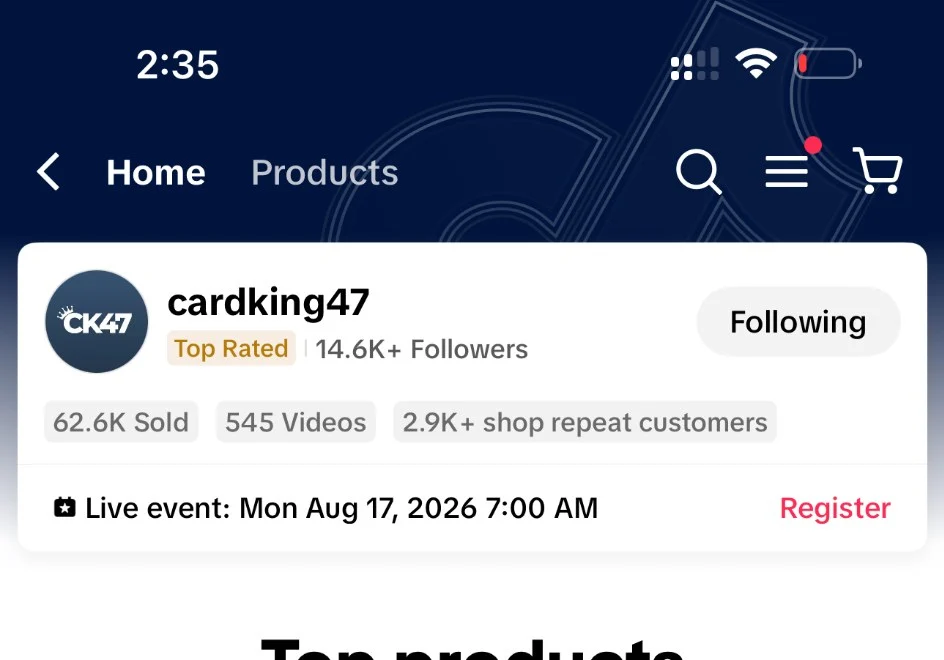 Cardking47 branded TikTok Shop profile and marketplace presentation