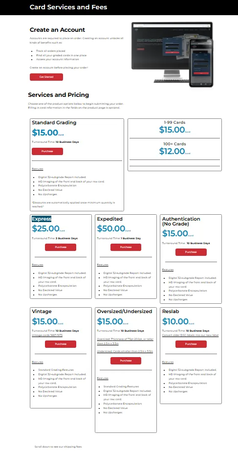 Historical DSG services and fees page with grading tiers
