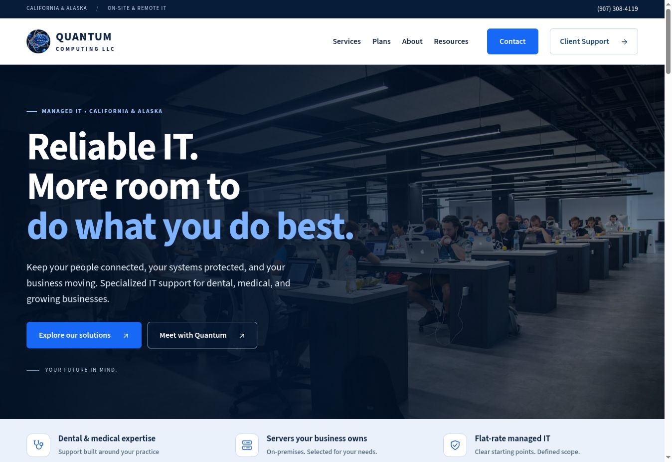 Quantum Computing LLC redesign preview showing its navy and blue homepage and service navigation