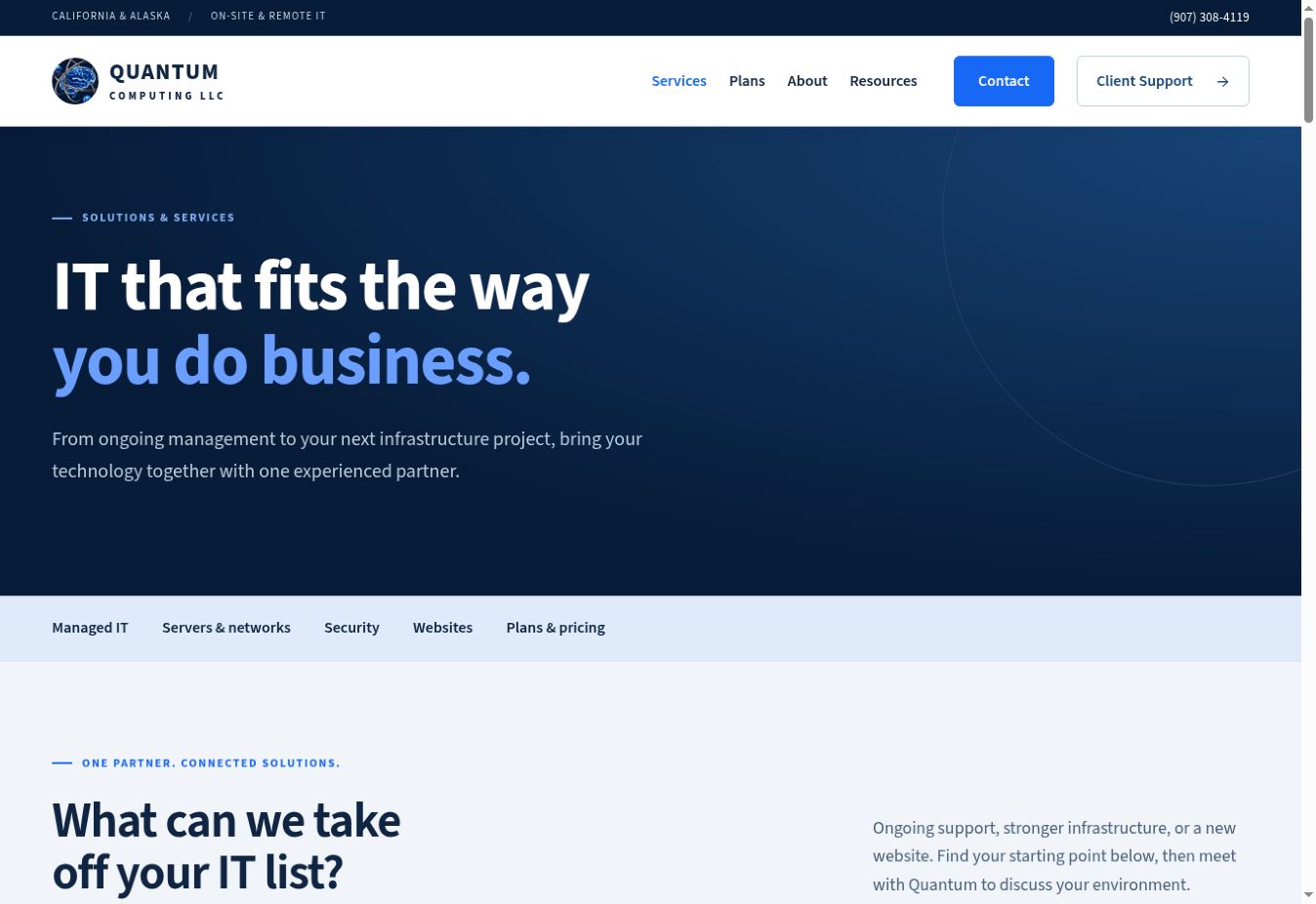 Quantum website services page with a blue hero and quick links to IT services and plans