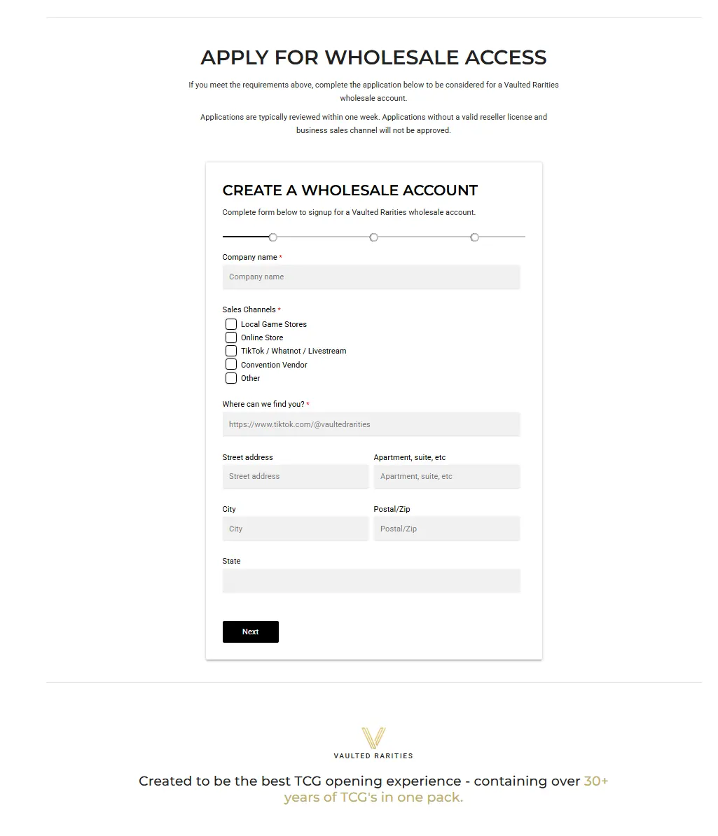 Blank wholesale application asking for business details and sales channels